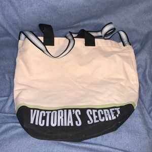 Victoria Secret Spell Out Tote Bag Authentic Canvas Light Blue & Khaki W/ Strap